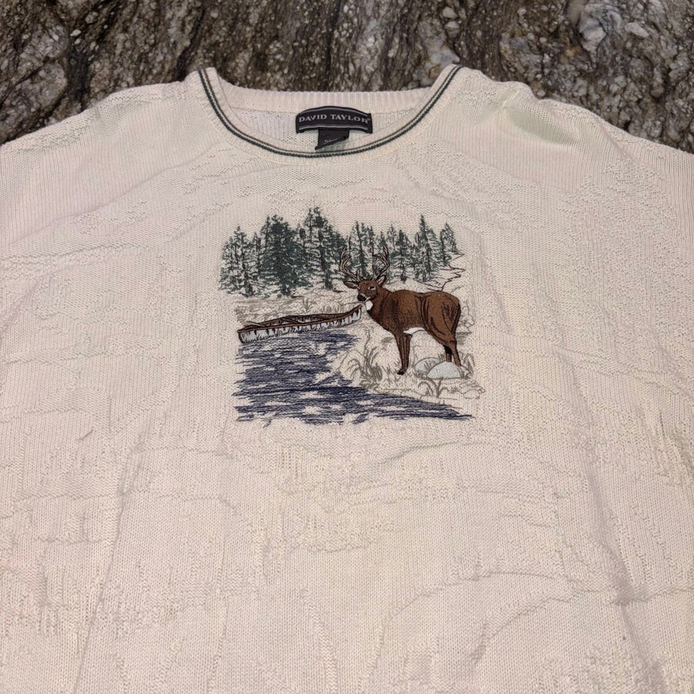 Vintage Knit Grandpa Sweater Large Cream Deer Embroidered Cotton David Taylor
